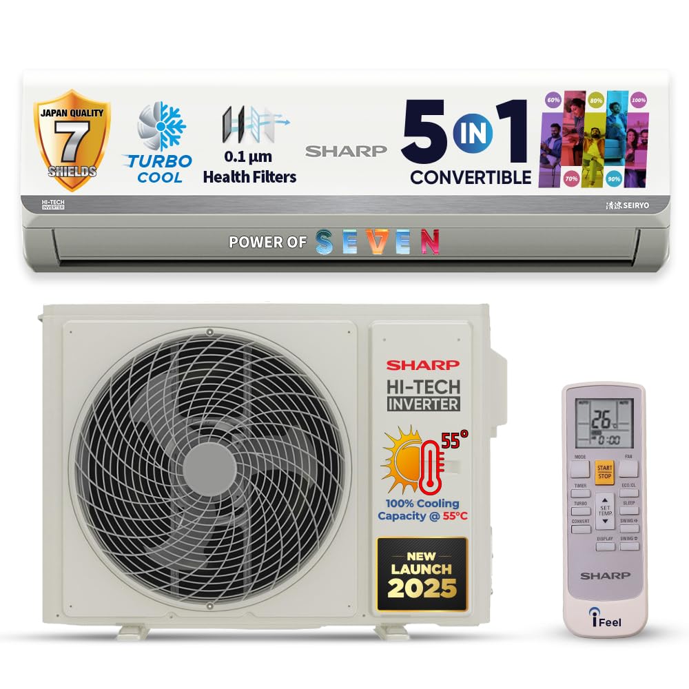 SHARP 1.5 Ton 5 Star 7-in-1 Convertible, Turbo Cool Technology, Anti-Corrosive Gold Fin Coating, Inverter Split AC, AH-SI18V5B-GC
