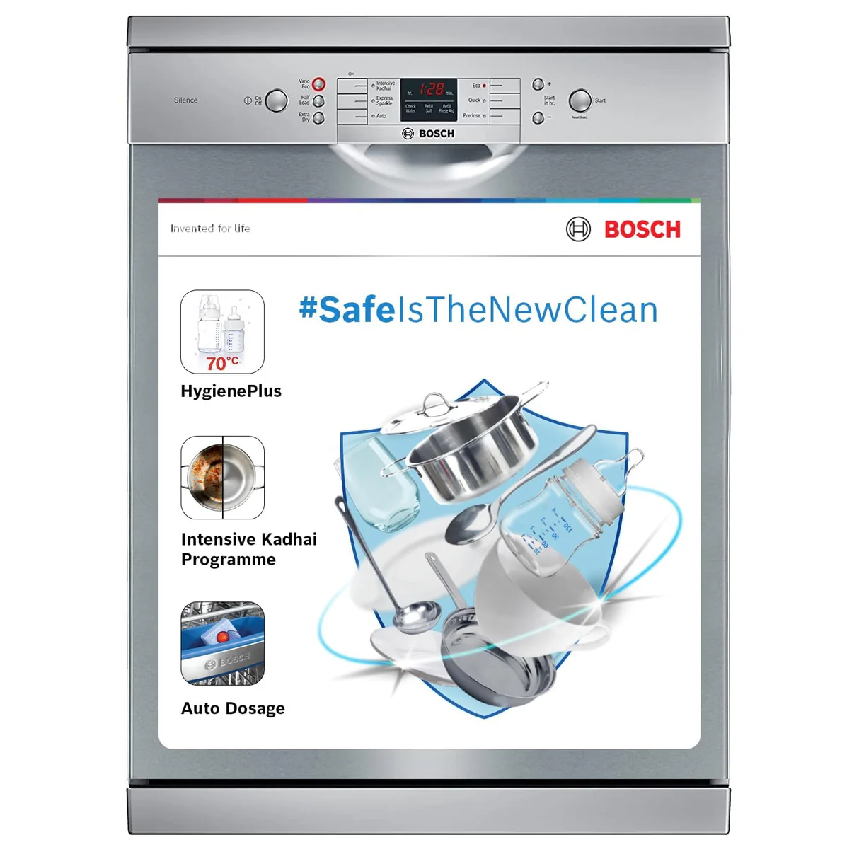 Bosch 13 Place Setting, EcoSilence Drive, Hygiene+ with Intensive Kadhai program, Free Standing Dishwasher, No.1 Brand in Dishwasher (SMS66GI01I, Silver Inox, Inbuilt heater, Removes 99.99% germs)